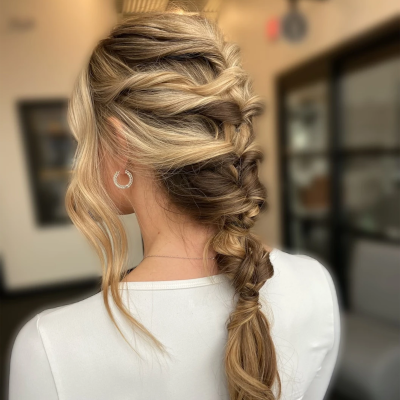 Romantic twisted braid hairstyle with loose waves, showcasing dimensional blonde highlights and textured bridal hair design